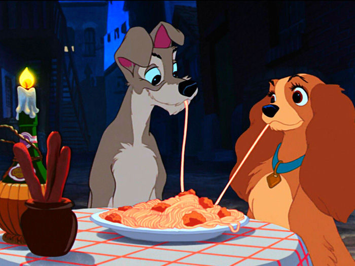 From Disney's "Lady and the Tramp," where the scene ends with the most famous kiss over spaghetti.