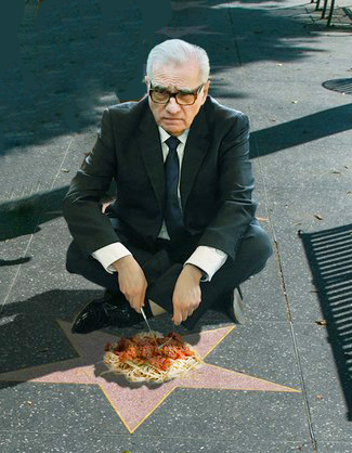 Filmmaker Martin Scorsese pokes fun at his Hollywood Walk of Fame star by serving spaghetti on it.